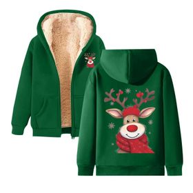 Generisch 5 Noel Kapüşonlu Modern Polar Noel Baskılı Kış Uzun Kollu Gündelik Zarif Koyu Yeşil Kadın Sweatshirt