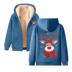 Generisch 5 Noel Kapüşonlu Modern Polar Noel Baskılı Kış Uzun Kollu Gündelik Zarif Mavi Kadın Sweatshirt
