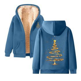 Generisch A Noel Kapüşonlu Modern Polar Tarz Noel Baskılı Kış Uzun Kollu Gündelik Zarif Mavi Kadın Sweatshirt