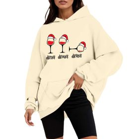 Generisch A Noel Kapüşonlu Tarzı Boş Zaman Kazak Model Noel Baskılı Kış Uzun Kollu Gündelik Bej Kadın Sweatshirt