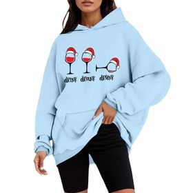 Generisch A Noel Kapüşonlu Tarzı Boş Zaman Kazak Model Noel Baskılı Kış Uzun Kollu Gündelik Gök Mavisi Kadın Sweatshirt