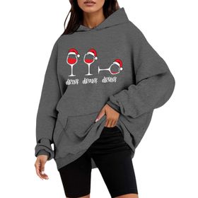 Generisch A Noel Kapüşonlu Tarzı Boş Zaman Kazak Model Noel Baskılı Kış Uzun Kollu Gündelik Gri Kadın Sweatshirt