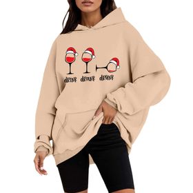 Generisch A Noel Kapüşonlu Tarzı Boş Zaman Kazak Model Noel Baskılı Kış Uzun Kollu Gündelik Haki Kadın Sweatshirt