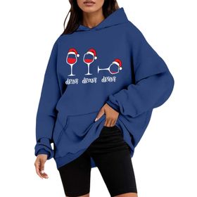 Generisch A Noel Kapüşonlu Tarzı Boş Zaman Kazak Model Noel Baskılı Kış Uzun Kollu Gündelik Mavi Kadın Sweatshirt