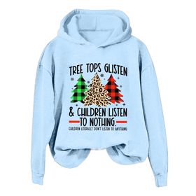 Generisch B Noel Kapüşonlu Modern Kazak Tarz Noel Baskılı Kış Uzun Kollu Noel Gündelik Açık Mavi Kadın Sweatshirt