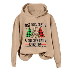 Generisch B Noel Kapüşonlu Modern Kazak Tarz Noel Baskılı Kış Uzun Kollu Noel Gündelik Haki Kadın Sweatshirt