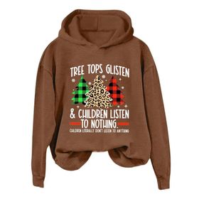 Generisch B Noel Kapüşonlu Modern Kazak Tarz Noel Baskılı Kış Uzun Kollu Noel Gündelik Kahvrengi Kadın Sweatshirt