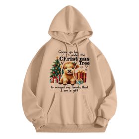 Generisch B Noel Kapüşonlu Modern Noel Baskılı Kış Uzun Kollu Gündelik Haki Kadın Sweatshirt