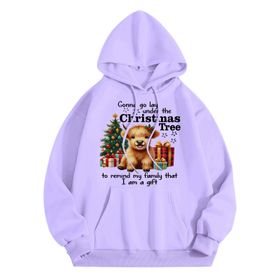 Generisch B Noel Kapüşonlu Modern Noel Baskılı Kış Uzun Kollu Gündelik Lila Kadın Sweatshirt