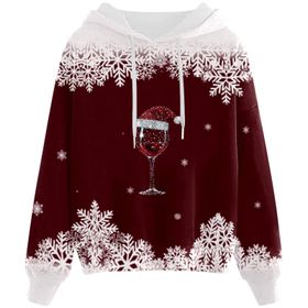 Generisch B Noel Kapüşonlu Modern Noel Baskılı Kış Uzun Kollu Gündelik Zarif Şarap Kadın Sweatshirt