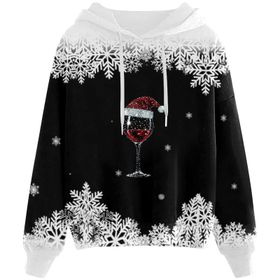 Generisch B Noel Kapüşonlu Modern Noel Baskılı Kış Uzun Kollu Gündelik Zarif Siyah Kadın Sweatshirt
