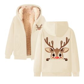 Generisch B Noel Kapüşonlu Modern Polar Tarz Noel Baskılı Kış Uzun Kollu Gündelik Zarif Bej Kadın Sweatshirt
