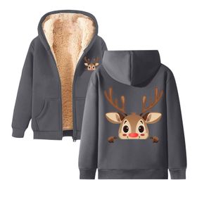 Generisch B Noel Kapüşonlu Modern Polar Tarz Noel Baskılı Kış Uzun Kollu Gündelik Zarif Koyu Gri Kadın Sweatshirt