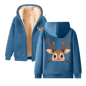 Generisch B Noel Kapüşonlu Modern Polar Tarz Noel Baskılı Kış Uzun Kollu Gündelik Zarif Mavi Kadın Sweatshirt