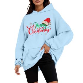 Generisch B Noel Kapüşonlu Tarzı Boş Zaman Kazak Model Noel Baskılı Kış Uzun Kollu Gündelik Gök Mavisi Kadın Sweatshirt