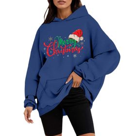 Generisch B Noel Kapüşonlu Tarzı Boş Zaman Kazak Model Noel Baskılı Kış Uzun Kollu Gündelik Mavi Kadın Sweatshirt