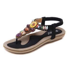 Generisch Boho Vintage Siyah Boncuklu Parmak Arası Kadın Sandalet