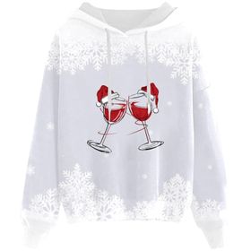 Generisch C Noel Kapüşonlu Modern Noel Baskılı Kışlık Uzun Kollu Gündelik Zarif Beyaz Kadın Sweatshirt