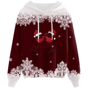 Generisch C Noel Kapüşonlu Modern Noel Baskılı Kışlık Uzun Kollu Gündelik Zarif Şarap Kadın Sweatshirt