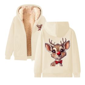 Generisch C Noel Kapüşonlu Modern Polar Tarz Noel Baskılı Kış Uzun Kollu Gündelik Zarif Bej Kadın Sweatshirt