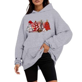 Generisch C Noel Kapüşonlu Tarzı Boş Zaman Kazak Model Noel Baskılı Kış Uzun Kollu Gündelik Açık Gri Kadın Sweatshirt