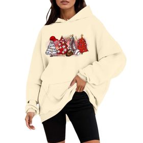 Generisch C Noel Kapüşonlu Tarzı Boş Zaman Kazak Model Noel Baskılı Kış Uzun Kollu Gündelik Bej Kadın Sweatshirt