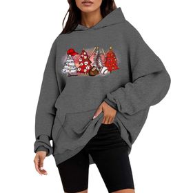Generisch C Noel Kapüşonlu Tarzı Boş Zaman Kazak Model Noel Baskılı Kış Uzun Kollu Gündelik Gri Kadın Sweatshirt