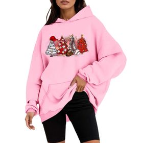 Generisch C Noel Kapüşonlu Tarzı Boş Zaman Kazak Model Noel Baskılı Kış Uzun Kollu Gündelik Pembe Kadın Sweatshirt