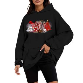 Generisch C Noel Kapüşonlu Tarzı Boş Zaman Kazak Model Noel Baskılı Kış Uzun Kollu Gündelik Siyah Kadın Sweatshirt