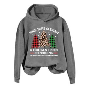 Generisch D Noel Kapüşonlu Modern Kazak Tarz Noel Baskılı Kış Uzun Kollu Noel Gündelik Gri Kadın Sweatshirt