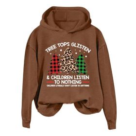 Generisch D Noel Kapüşonlu Modern Kazak Tarz Noel Baskılı Kış Uzun Kollu Noel Gündelik Kahverengi Kadın Sweatshirt