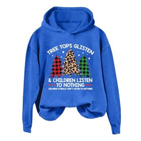 Generisch D Noel Kapüşonlu Modern Kazak Tarz Noel Baskılı Kış Uzun Kollu Noel Gündelik Mavi Kadın Sweatshirt