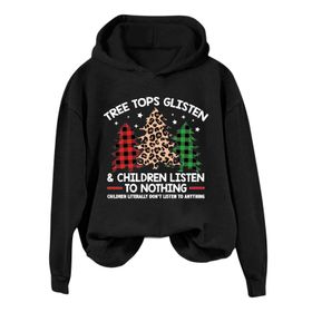 Generisch D Noel Kapüşonlu Modern Kazak Tarz Noel Baskılı Kış Uzun Kollu Noel Gündelik Siyah Kadın Sweatshirt