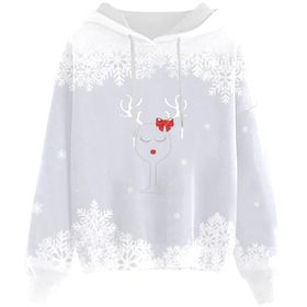 Generisch D Noel Kapüşonlu Modern Noel Baskılı Kışlık Uzun Kollu Gündelik Zarif Beyaz Kadın Sweatshirt
