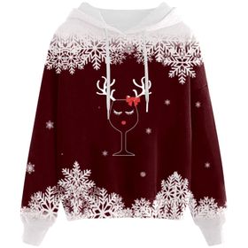 Generisch D Noel Kapüşonlu Modern Noel Baskılı Kışlık Uzun Kollu Gündelik Zarif Şarap Kadın Sweatshirt