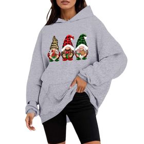 Generisch D Noel Kapüşonlu Tarzı Boş Zaman Kazak Model Noel Baskılı Kış Uzun Kollu Gündelik Açık Gri Kadın Sweatshirt