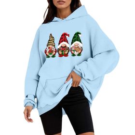 Generisch D Noel Kapüşonlu Tarzı Boş Zaman Kazak Model Noel Baskılı Kış Uzun Kollu Gündelik Gök Mavisi Kadın Sweatshirt
