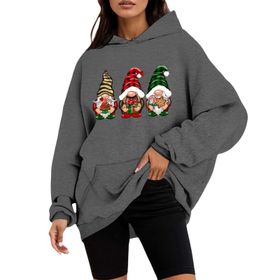 Generisch D Noel Kapüşonlu Tarzı Boş Zaman Kazak Model Noel Baskılı Kış Uzun Kollu Gündelik Gri Kadın Sweatshirt