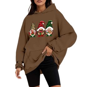 Generisch D Noel Kapüşonlu Tarzı Boş Zaman Kazak Model Noel Baskılı Kış Uzun Kollu Gündelik Kahve Kadın Sweatshirt