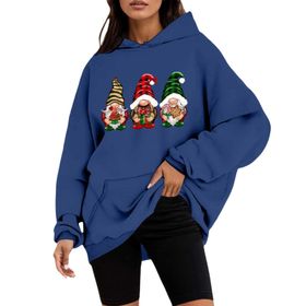 Generisch D Noel Kapüşonlu Tarzı Boş Zaman Kazak Model Noel Baskılı Kış Uzun Kollu Gündelik Mavi Kadın Sweatshirt