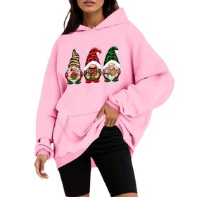 Generisch D Noel Kapüşonlu Tarzı Boş Zaman Kazak Model Noel Baskılı Kış Uzun Kollu Gündelik Pembe Kadın Sweatshirt