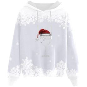 Generisch E Noel Kapüşonlu Modern Noel Baskılı Kışlık Uzun Kollu Gündelik Zarif Beyaz Kadın Sweatshirt
