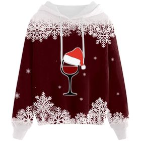 Generisch E Noel Kapüşonlu Modern Noel Baskılı Kışlık Uzun Kollu Gündelik Zarif Şarap Kadın Sweatshirt