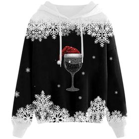 Generisch E Noel Kapüşonlu Modern Noel Baskılı Kışlık Uzun Kollu Gündelik Zarif Siyah Kadın Sweatshirt