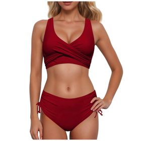 Generisch High Waist Push Up İki Parçalı Göbek Kapalı Kırmızı Kadın Bikini