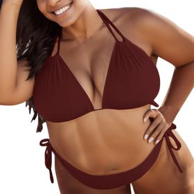 Generisch High Waist Push Up İki Parçalı Göbek Kapalı Şarap Kadın Bikini