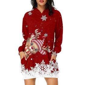 Generisch Noel Baskı 2025 Günlük Kış Kapüşonlu Uzun Kollu 2-Kırmızı Kadın Sweatshirt