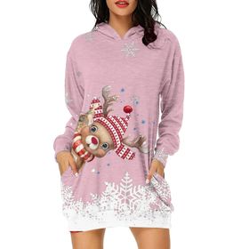 Generisch Noel Baskı 2025 Günlük Kış Kapüşonlu Uzun Kollu 2-Pembe Kadın Sweatshirt