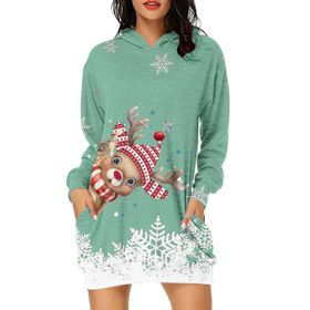 Generisch Noel Baskı 2025 Günlük Kış Kapüşonlu Uzun Kollu 2-Yeşil Kadın Sweatshirt