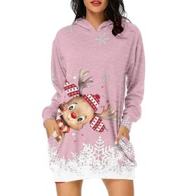 Generisch Noel Baskı 2025 Günlük Kış Kapüşonlu Uzun Kollu 3-Pembe Kadın Sweatshirt